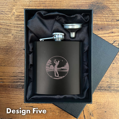 Engraved Golf Black Metal Hip Flask 6oz - 7 Designs | Birthday & Father's Day Gift