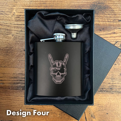 Engraved Skull Black Metal Hip Flask 6oz - 5 Designs | Birthday Gifts For Him, Father's Day