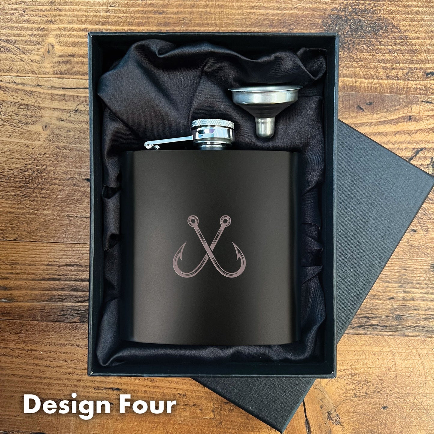 Engraved Fishing Black Metal Hip Flask 6oz | 8 Designs | Birthday Gifts for Him | Father's Day