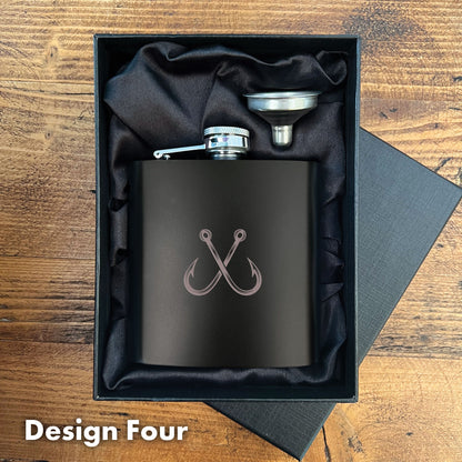 Engraved Fishing Black Metal Hip Flask 6oz | 8 Designs | Birthday Gifts for Him | Father's Day