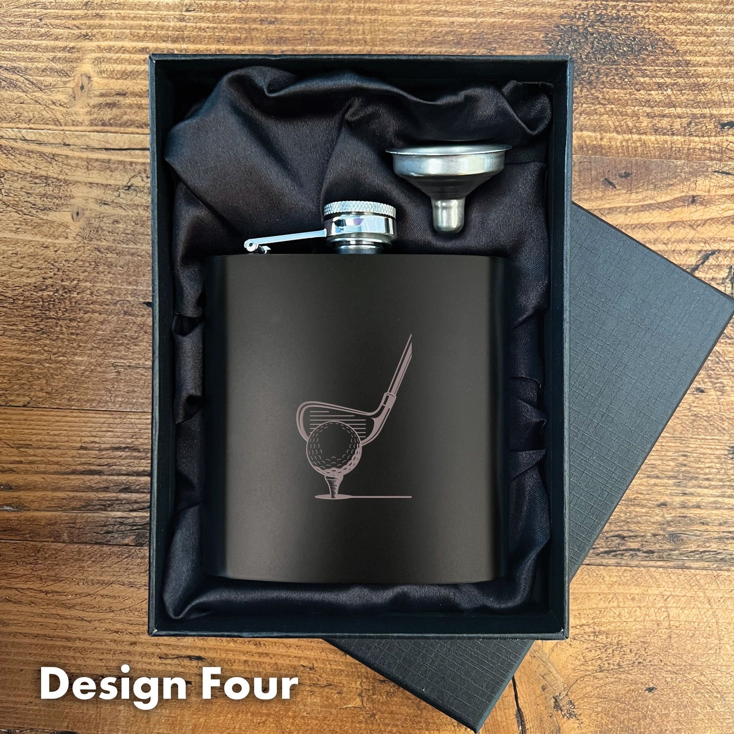 Engraved Golf Black Metal Hip Flask 6oz - 7 Designs | Birthday & Father's Day Gift