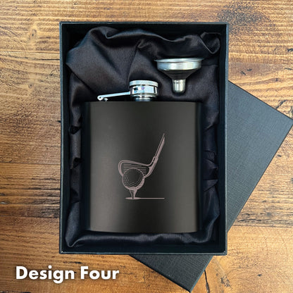 Engraved Golf Black Metal Hip Flask 6oz - 7 Designs | Birthday & Father's Day Gift