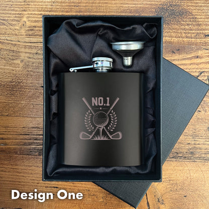 Engraved Golf Black Metal Hip Flask 6oz - 7 Designs | Birthday & Father's Day Gift