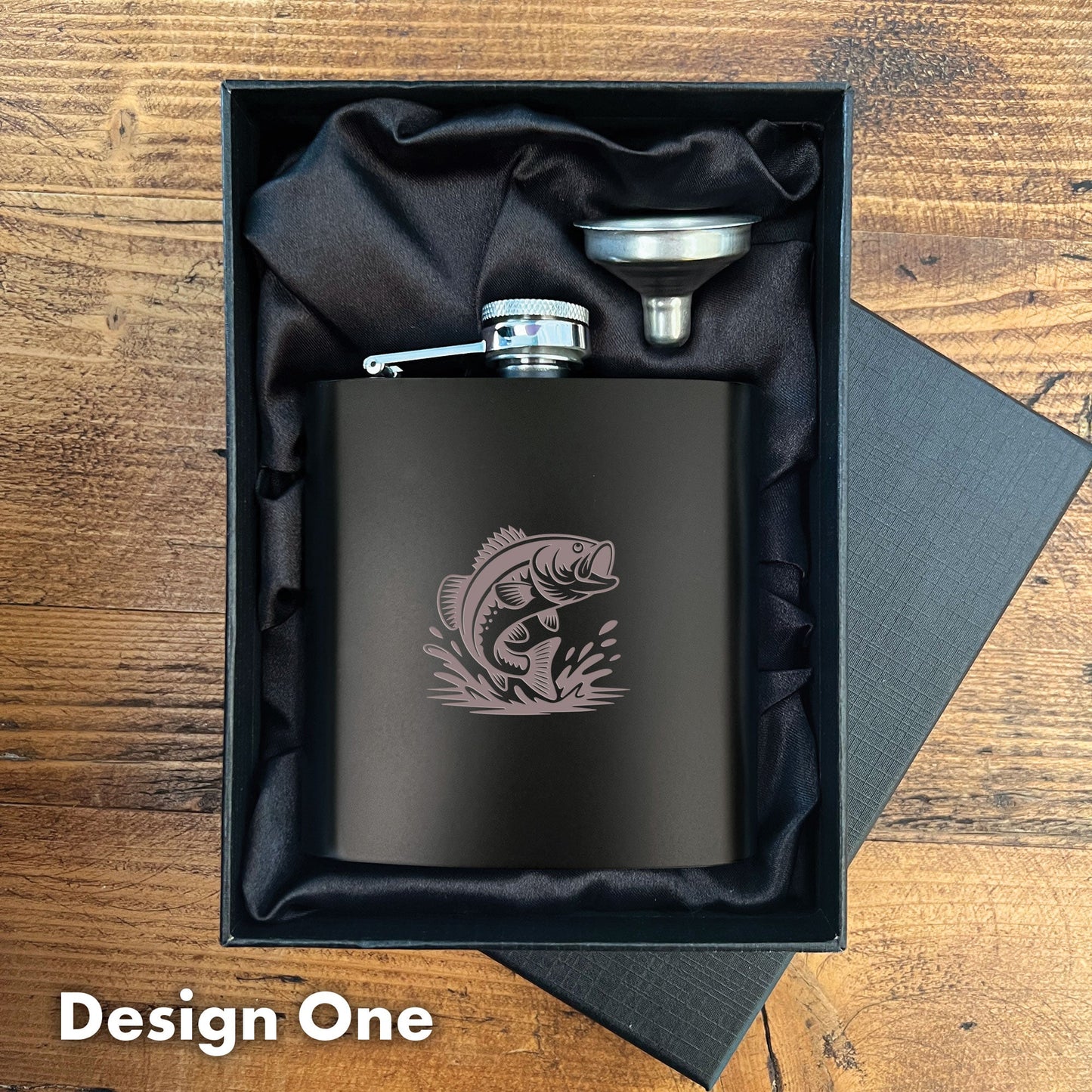 Engraved Fishing Black Metal Hip Flask 6oz | 8 Designs | Birthday Gifts for Him | Father's Day