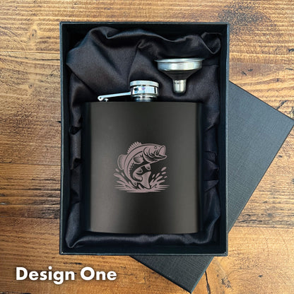 Engraved Fishing Black Metal Hip Flask 6oz | 8 Designs | Birthday Gifts for Him | Father's Day