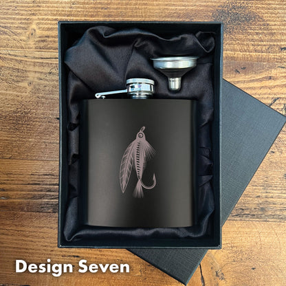 Engraved Fishing Black Metal Hip Flask 6oz | 8 Designs | Birthday Gifts for Him | Father's Day