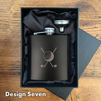Engraved Golf Black Metal Hip Flask 6oz - 7 Designs | Birthday & Father's Day Gift