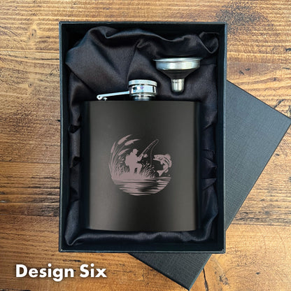 Engraved Fishing Black Metal Hip Flask 6oz | 8 Designs | Birthday Gifts for Him | Father's Day