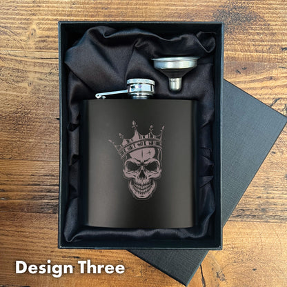 Engraved Skull Black Metal Hip Flask 6oz - 5 Designs | Birthday Gifts For Him, Father's Day