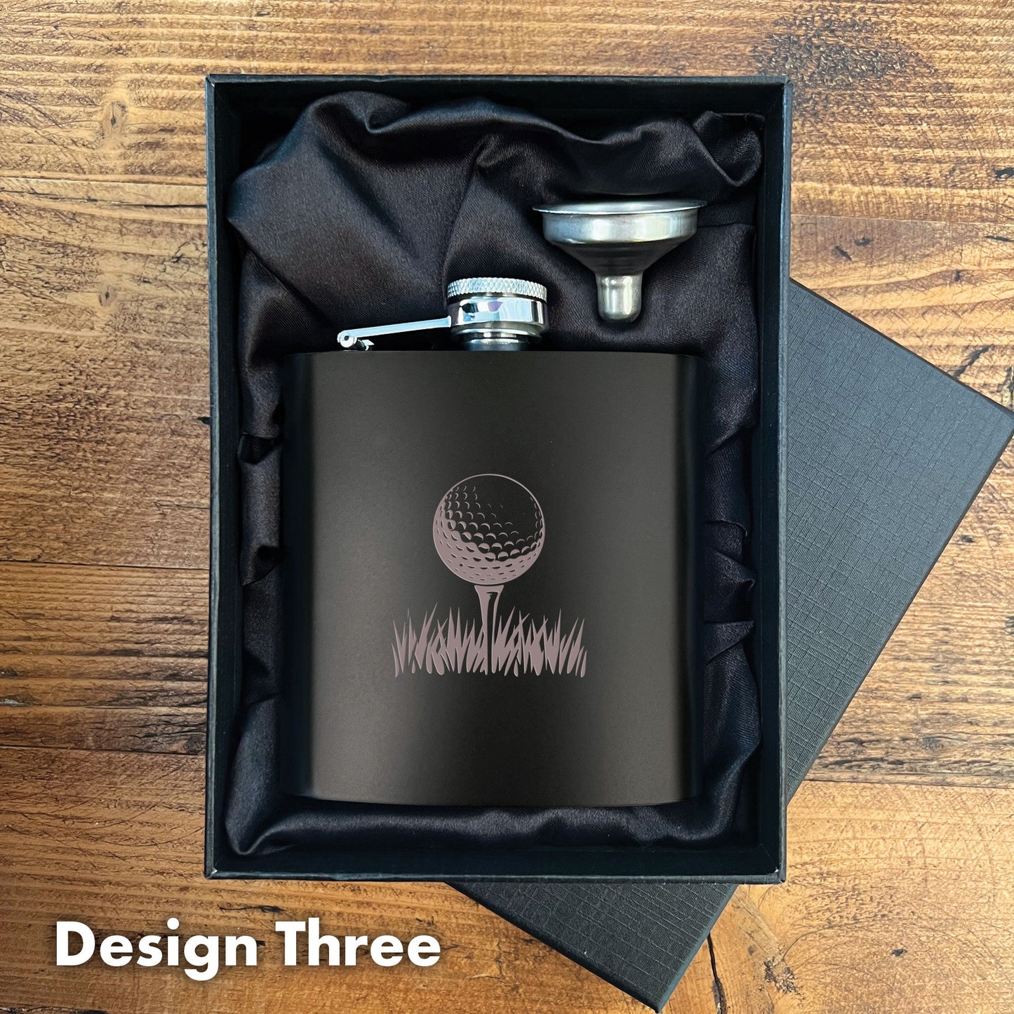 Engraved Golf Black Metal Hip Flask 6oz - 7 Designs | Birthday & Father's Day Gift