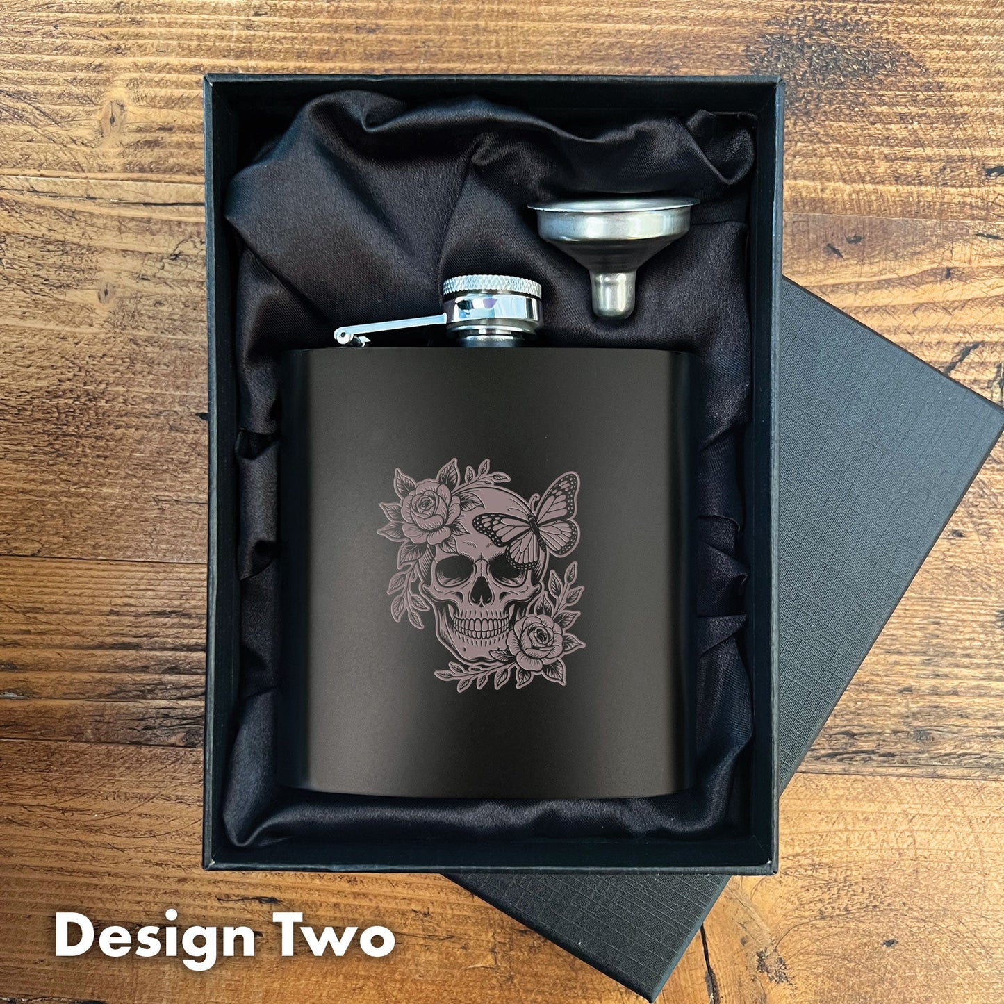 Engraved Skull Black Metal Hip Flask 6oz - 5 Designs | Birthday Gifts For Him, Father's Day