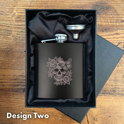 Engraved Skull Black Metal Hip Flask 6oz - 5 Designs | Birthday Gifts For Him, Father's Day