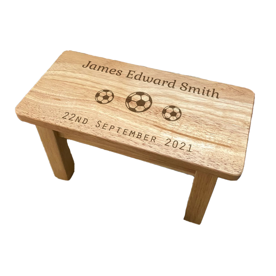 Personalised Children's Rectangle Stool Date of Birth with Football Butterfly Teddy Flower or Bicycle