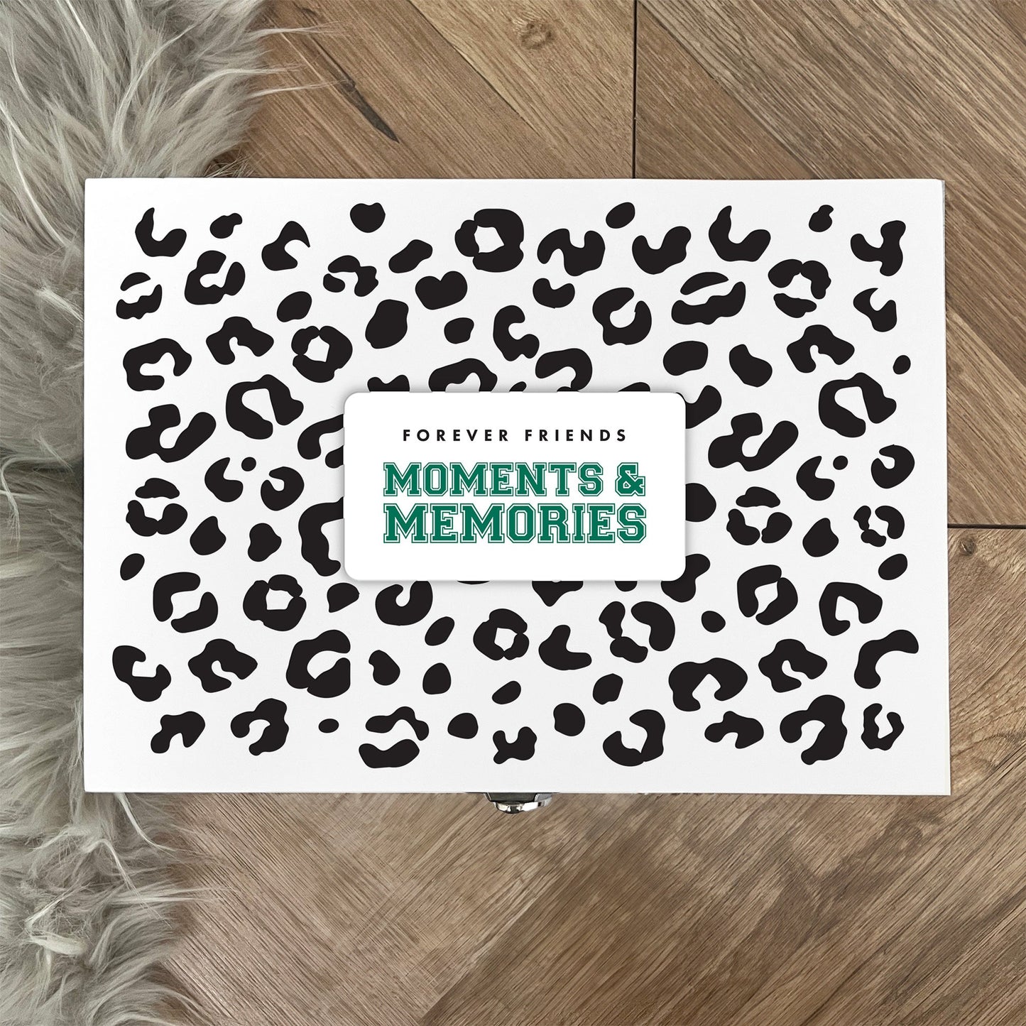 Personalised Leopard Print White Wooden Memory Box - Moments & Memories | Birthday Gift for Friends