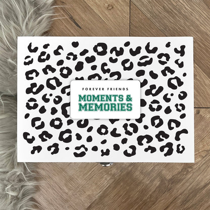Personalised Leopard Print White Wooden Memory Box - Moments & Memories | Birthday Gift for Friends