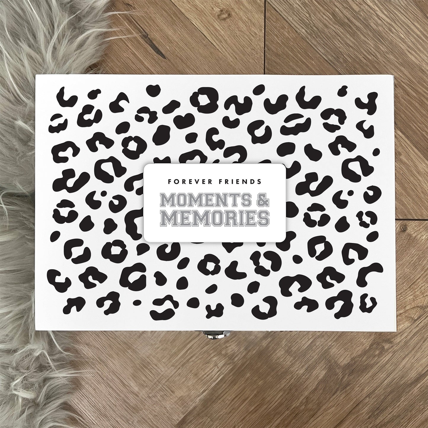 Personalised Leopard Print White Wooden Memory Box - Moments & Memories | Birthday Gift for Friends