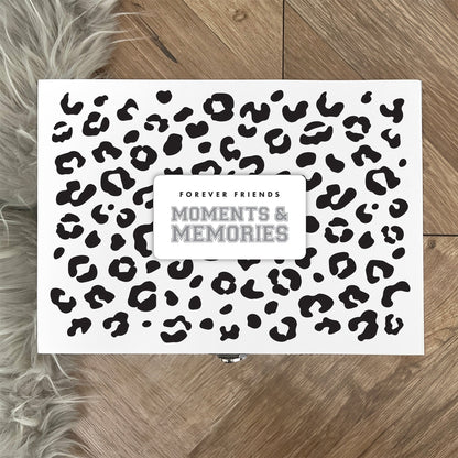 Personalised Leopard Print White Wooden Memory Box - Moments & Memories | Birthday Gift for Friends