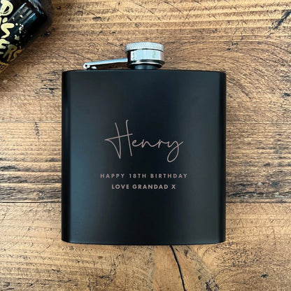 Personalised Engraved Black Metal Hip Flask 6oz - Script Font | Milestone Birthday or Groomsman Gift