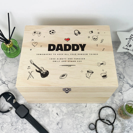 Personalised Fathers Day Doodle Sketch Design Pine Memory Box - 5 Sizes