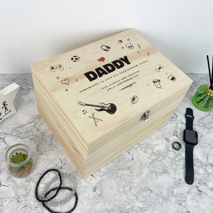 Personalised Fathers Day Doodle Sketch Design Pine Memory Box - 5 Sizes