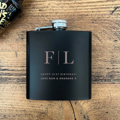Personalised Engraved Black Metal Hip Flask 6oz - Initials | Birthday, Wedding & Groomsmen Gift