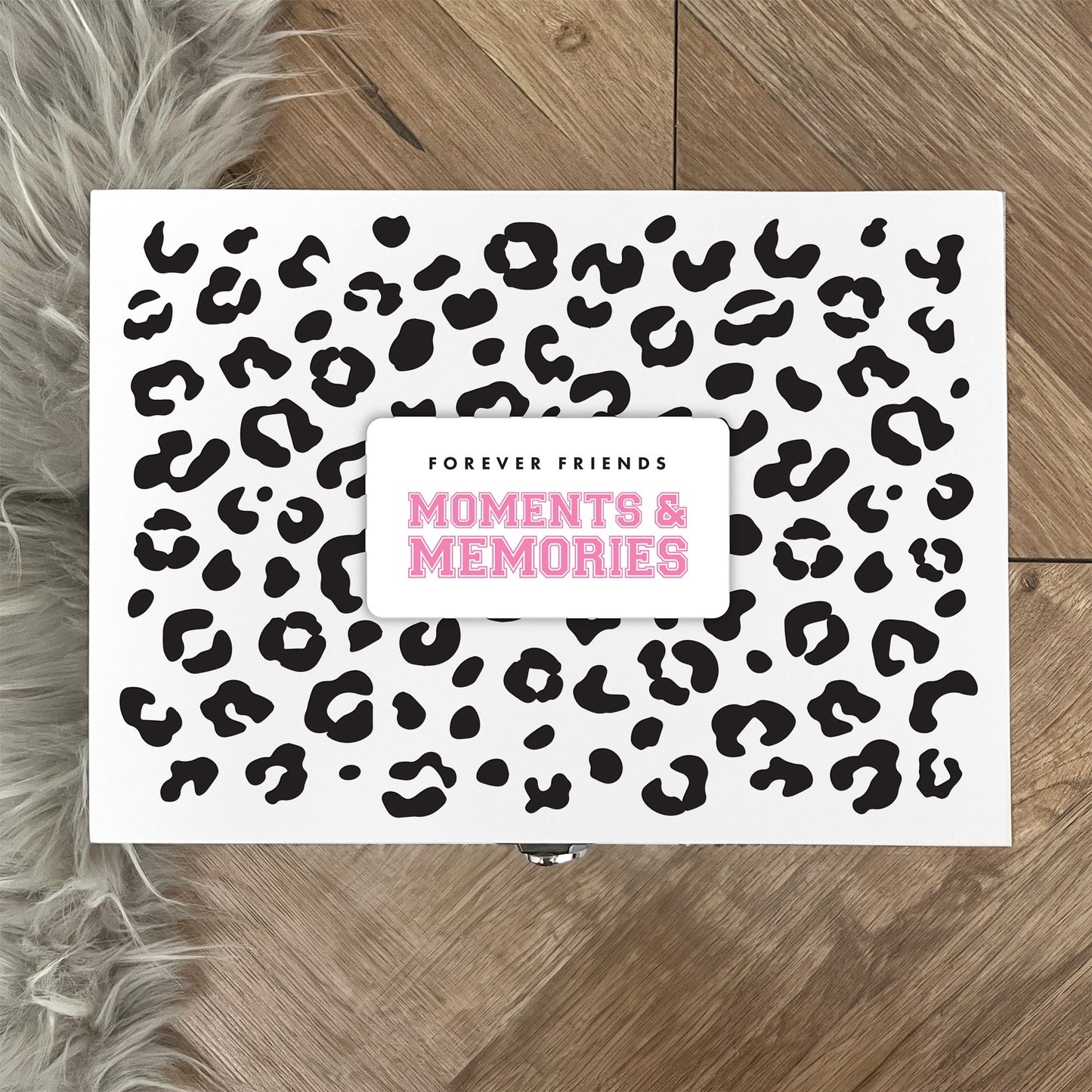 Personalised Leopard Print White Wooden Memory Box - Moments & Memories | Birthday Gift for Friends