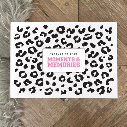 Personalised Leopard Print White Wooden Memory Box - Moments & Memories | Birthday Gift for Friends