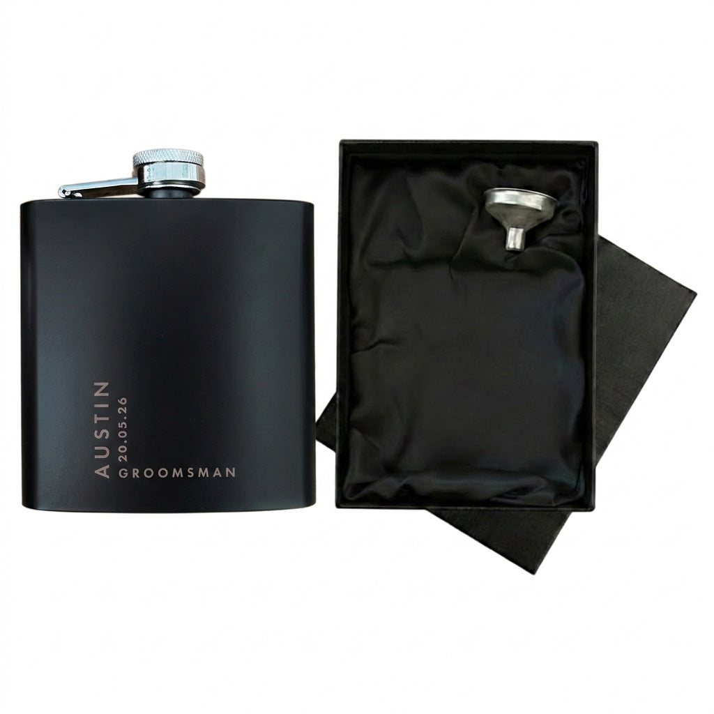 Personalised Engraved Black Metal Hip Flask 6oz | Birthday, Wedding & Groomsmen Gift