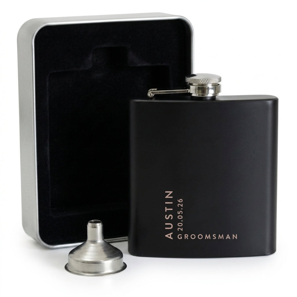 Personalised Engraved Black Metal Hip Flask 6oz | Birthday, Wedding & Groomsmen Gift