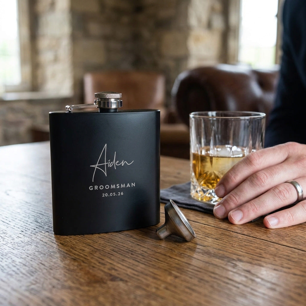 Personalised Engraved Black Metal Hip Flask 6oz - Script Font | Milestone Birthday or Groomsman Gift
