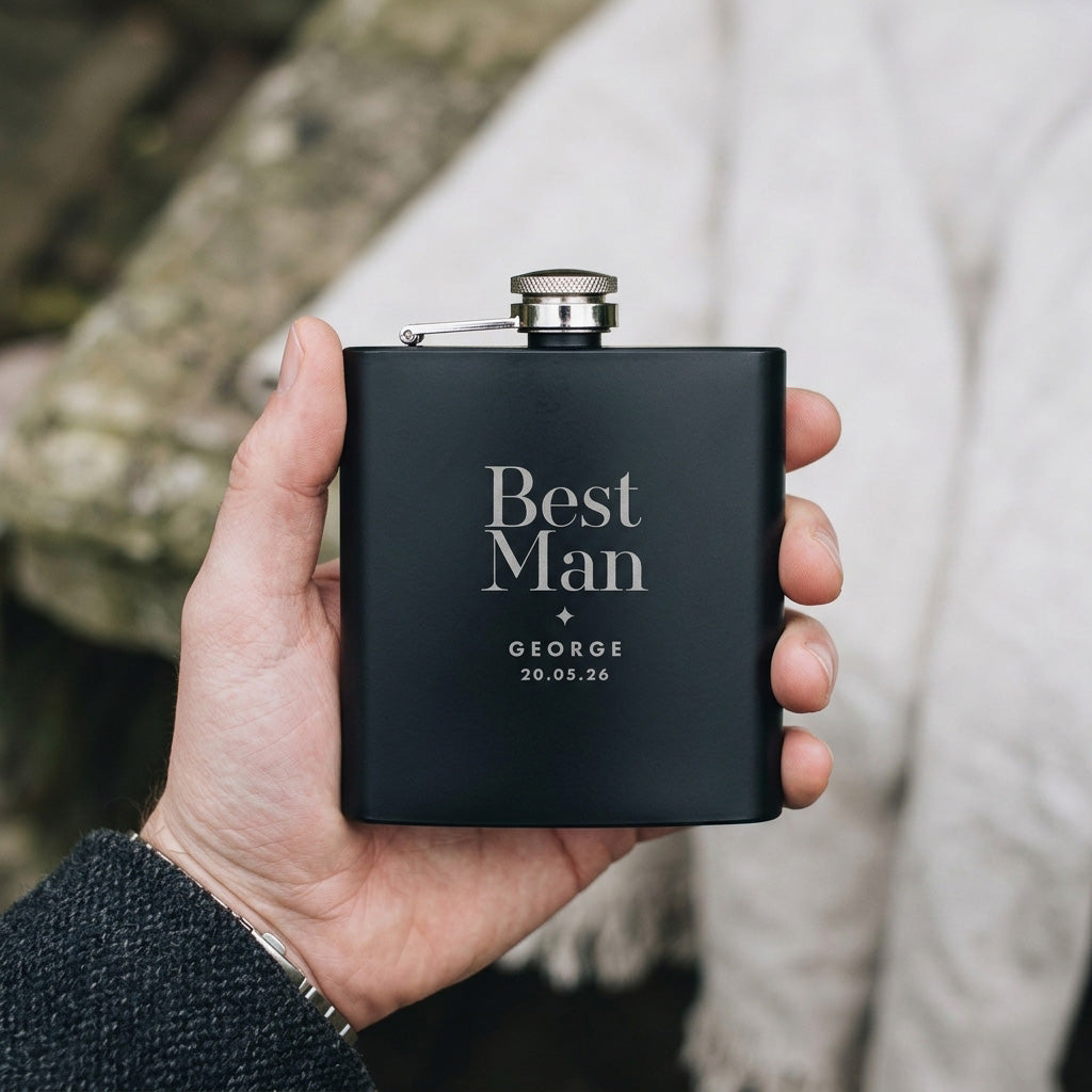 Personalised Engraved Black Metal Hip Flask 6oz | Groomsman & Father of the Bride/Groom Gift