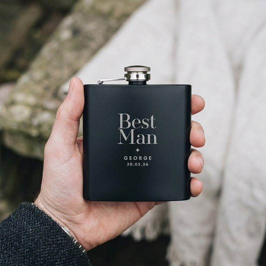 Personalised Engraved Black Metal Hip Flask 6oz | Groomsman & Father of the Bride/Groom Gift