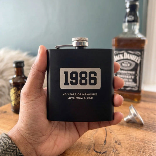 Personalised Engraved Black Metal Hip Flask 6oz | Milestone Birthday, Anniversary or Graduation Gift