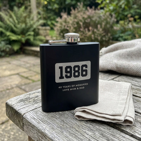 Personalised Engraved Black Metal Hip Flask 6oz | Milestone Birthday, Anniversary or Graduation Gift