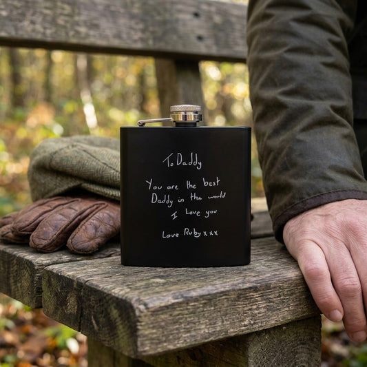 Personalised Engraved Black Metal Hip Flask 6oz | Using Your Own Handwriting | Memorial or Gifting