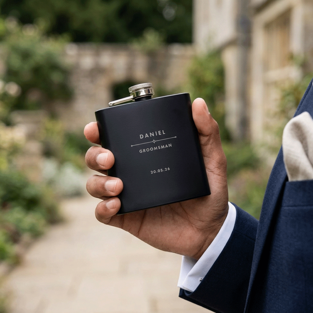 Personalised Modern Engraved Black Metal Hip Flask 6oz | Groomsmen & Birthday Gift