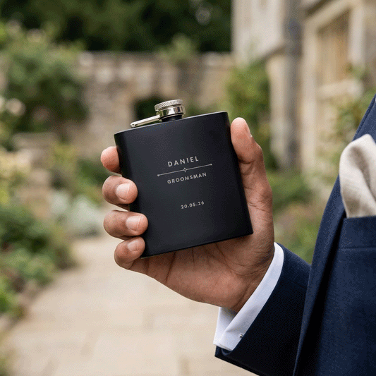 Personalised Modern Engraved Black Metal Hip Flask 6oz | Groomsmen & Birthday Gift