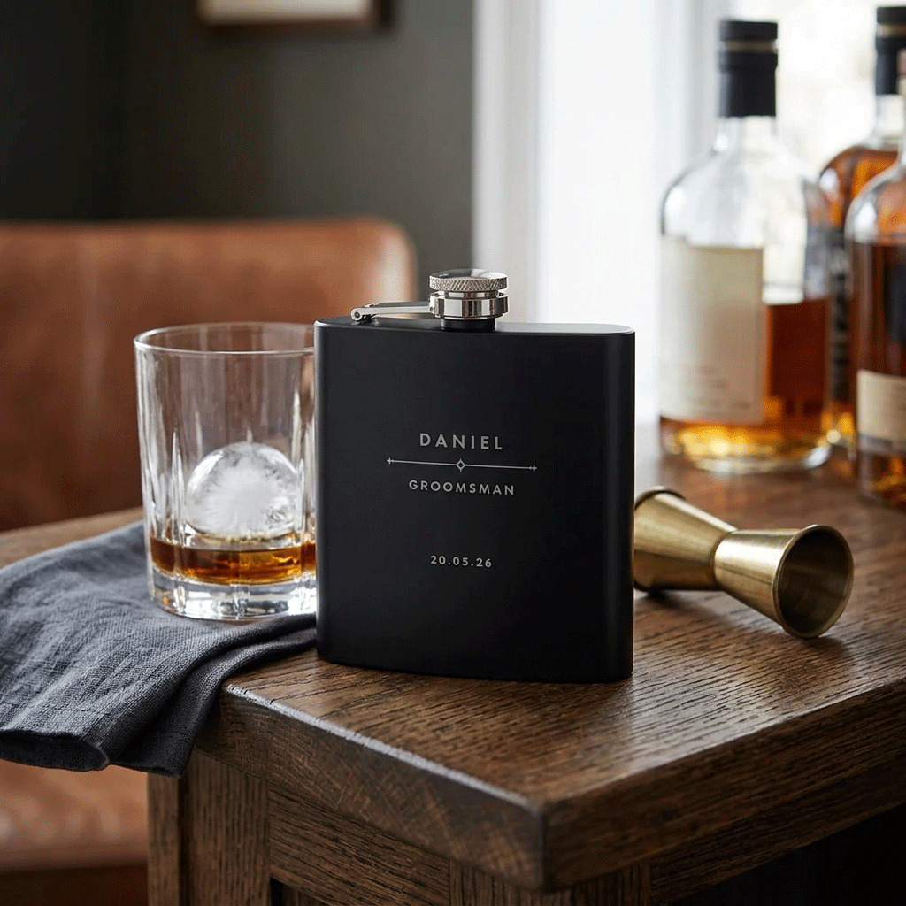 Personalised Modern Engraved Black Metal Hip Flask 6oz | Groomsmen & Birthday Gift