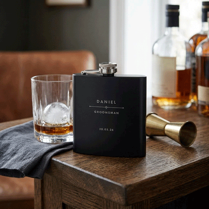 Personalised Modern Engraved Black Metal Hip Flask 6oz | Groomsmen & Birthday Gift