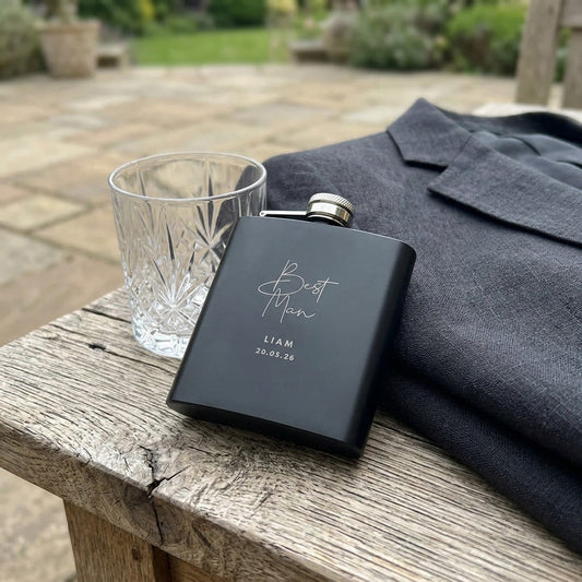 Personalised Engraved Black Metal Hip Flask 6oz - Script Font | Wedding Groomsman & Father of the Bride/Groom Gift