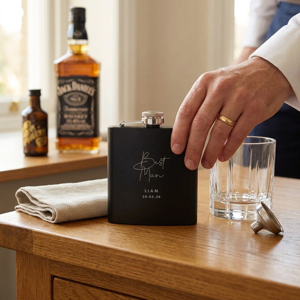 Personalised Engraved Black Metal Hip Flask 6oz - Script Font | Wedding Groomsman & Father of the Bride/Groom Gift