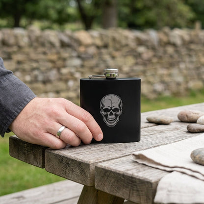 Engraved Skull Black Metal Hip Flask 6oz - 5 Designs | Birthday Gifts For Him, Father's Day