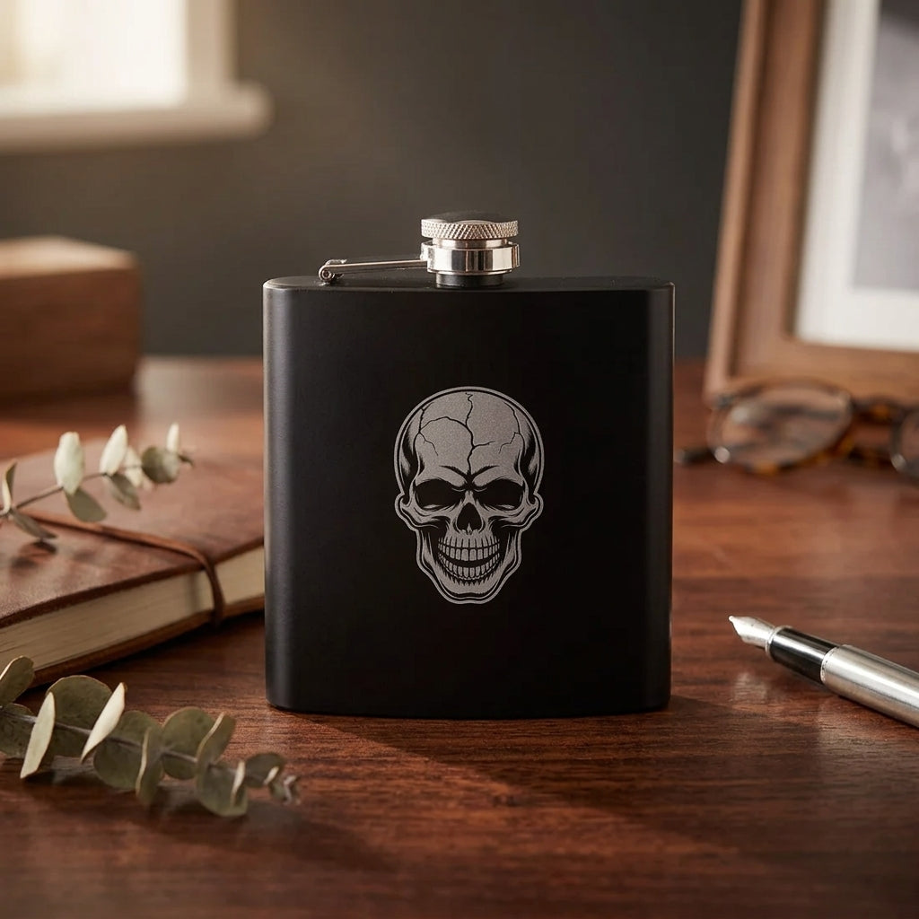 Engraved Skull Black Metal Hip Flask 6oz - 5 Designs | Birthday Gifts For Him, Father's Day