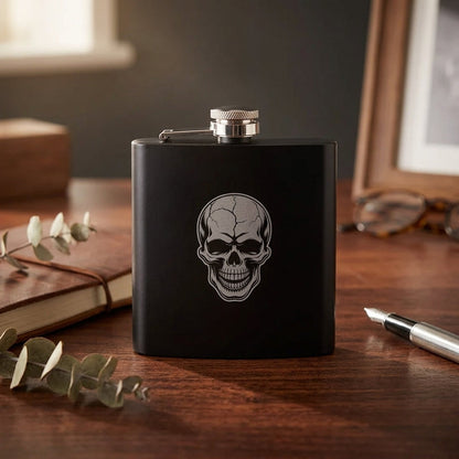 Engraved Skull Black Metal Hip Flask 6oz - 5 Designs | Birthday Gifts For Him, Father's Day