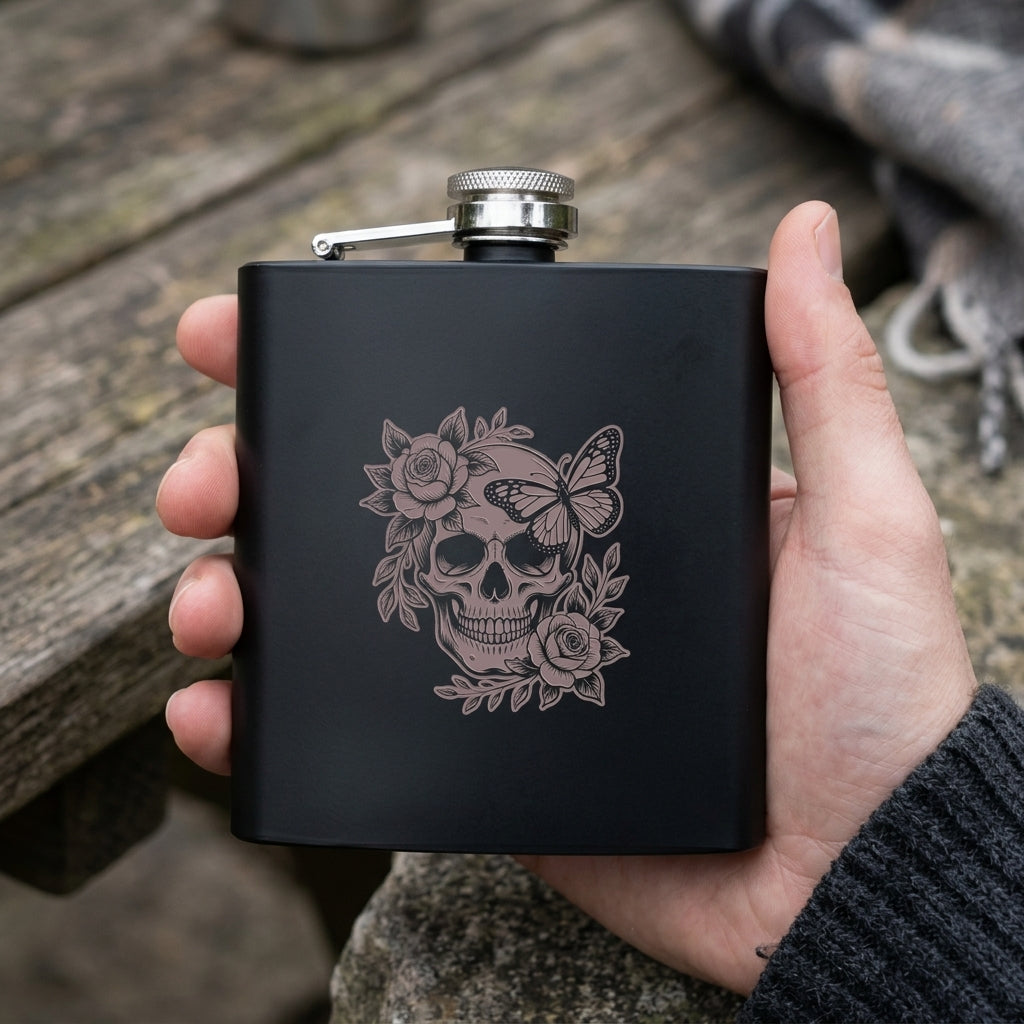 Engraved Skull Black Metal Hip Flask 6oz - 5 Designs | Birthday Gifts For Him, Father's Day
