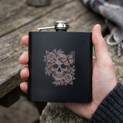 Engraved Skull Black Metal Hip Flask 6oz - 5 Designs | Birthday Gifts For Him, Father's Day