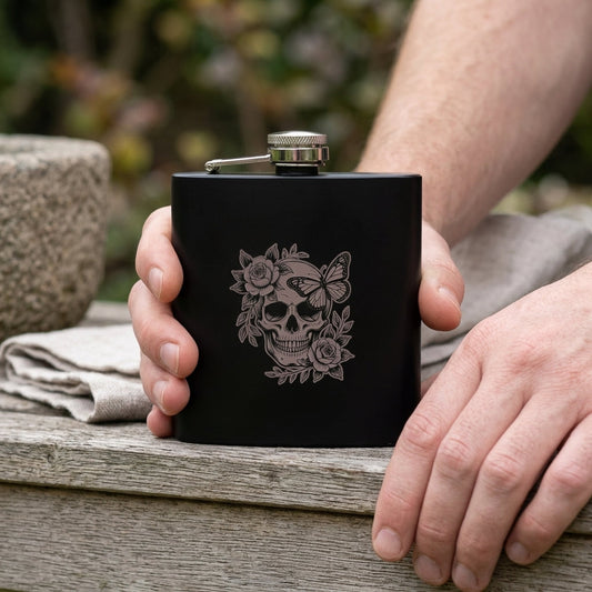 Engraved Skull Black Metal Hip Flask 6oz - 5 Designs | Birthday Gifts For Him, Father's Day