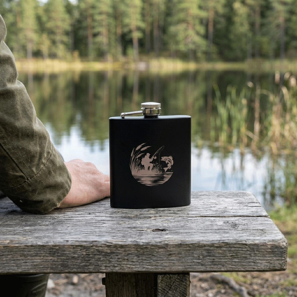 Engraved Fishing Black Metal Hip Flask 6oz | 8 Designs | Birthday Gifts for Him | Father's Day