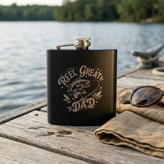 Engraved Fishing Black Metal Hip Flask 6oz | 8 Designs | Birthday Gifts for Him | Father's Day