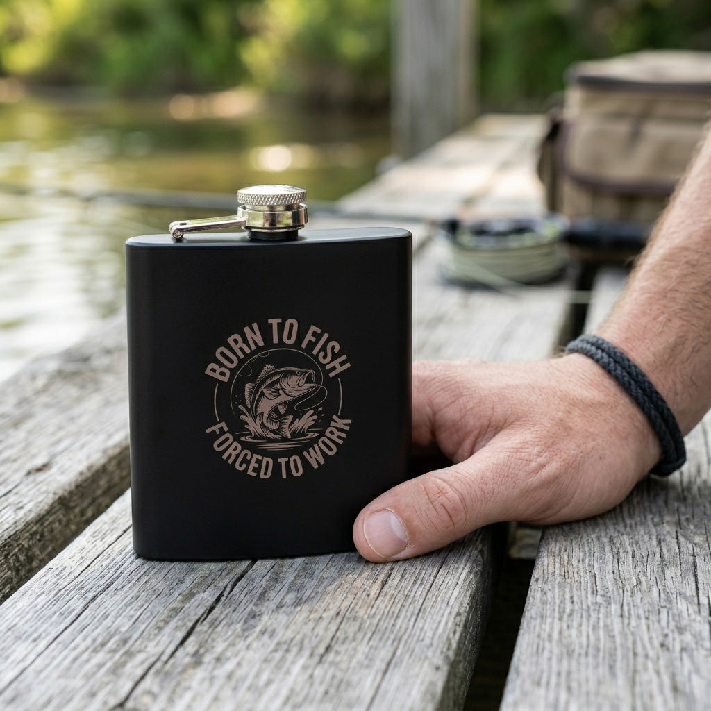 Engraved Fishing Black Metal Hip Flask 6oz | 8 Designs | Birthday Gifts for Him | Father's Day